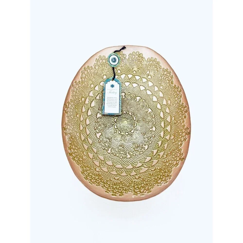 Turkish Glass Pink Oval Bowl Serving Salad Dinner Gold Lace Print Handmade NWT